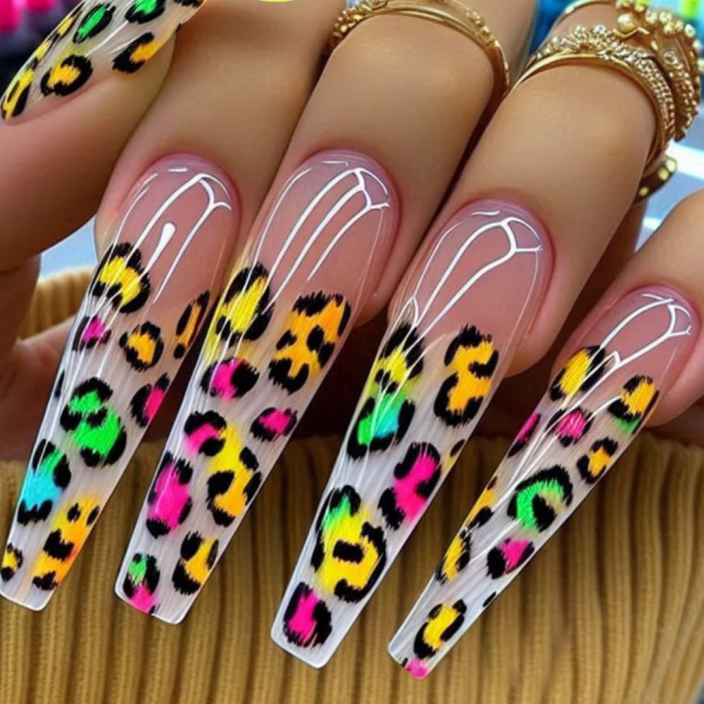 Wild Safari Long Coffin Press On Nail Set in Clear with Vibrant Leopard Print Design