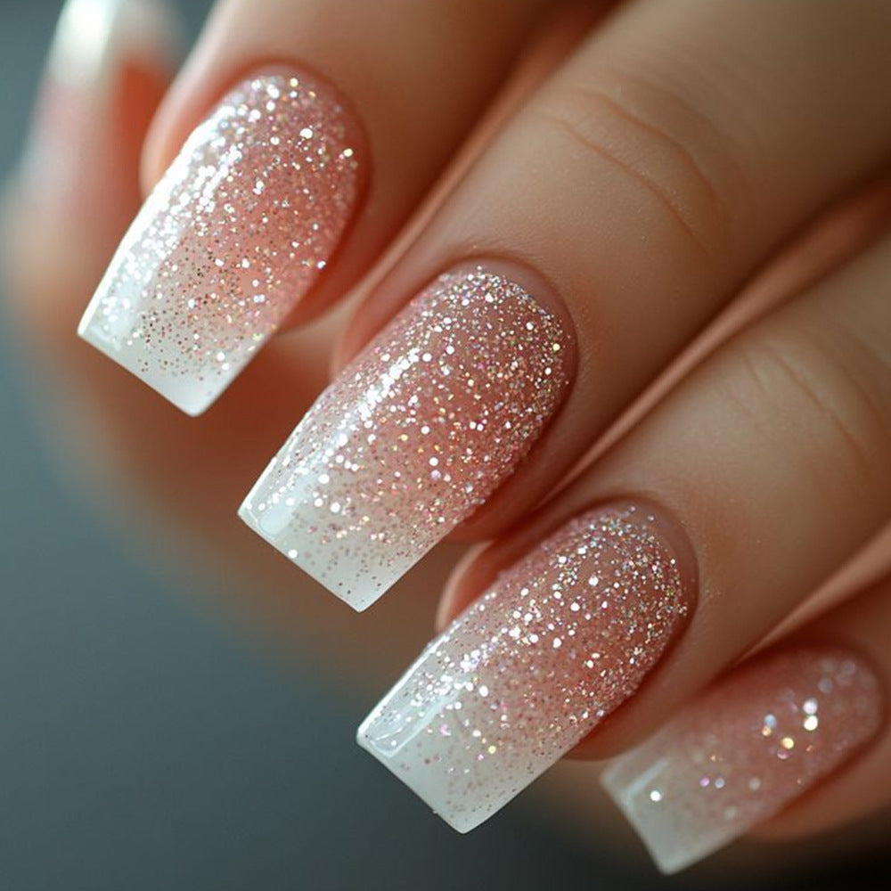 Glamorous Fairy Tale Medium Square Pink Ombre Glitter Press On Nail Set