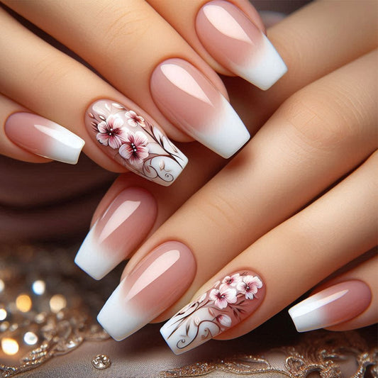 Floral Elegance Medium Square Ombre Pink and White Press On Nail Set with Intricate Blossom Design