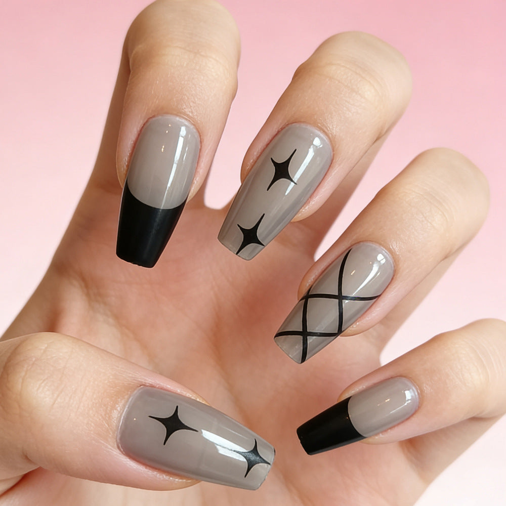 Celestial Glamour Long Coffin Gray with Black Star Accents Press on Nail Set