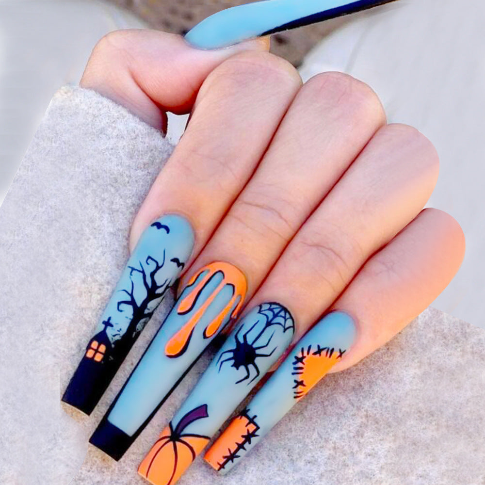 Spooky Halloween Extra Long Coffin Shaped Matte Blue and Orange Press On Nail Set with Dripping Design and Spider Accents