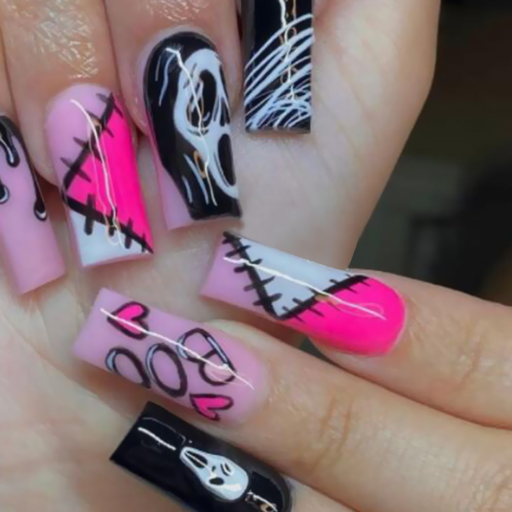 Spooky Glam Long Square Press On Nails In Pink Black And White With Fun Halloween Designs