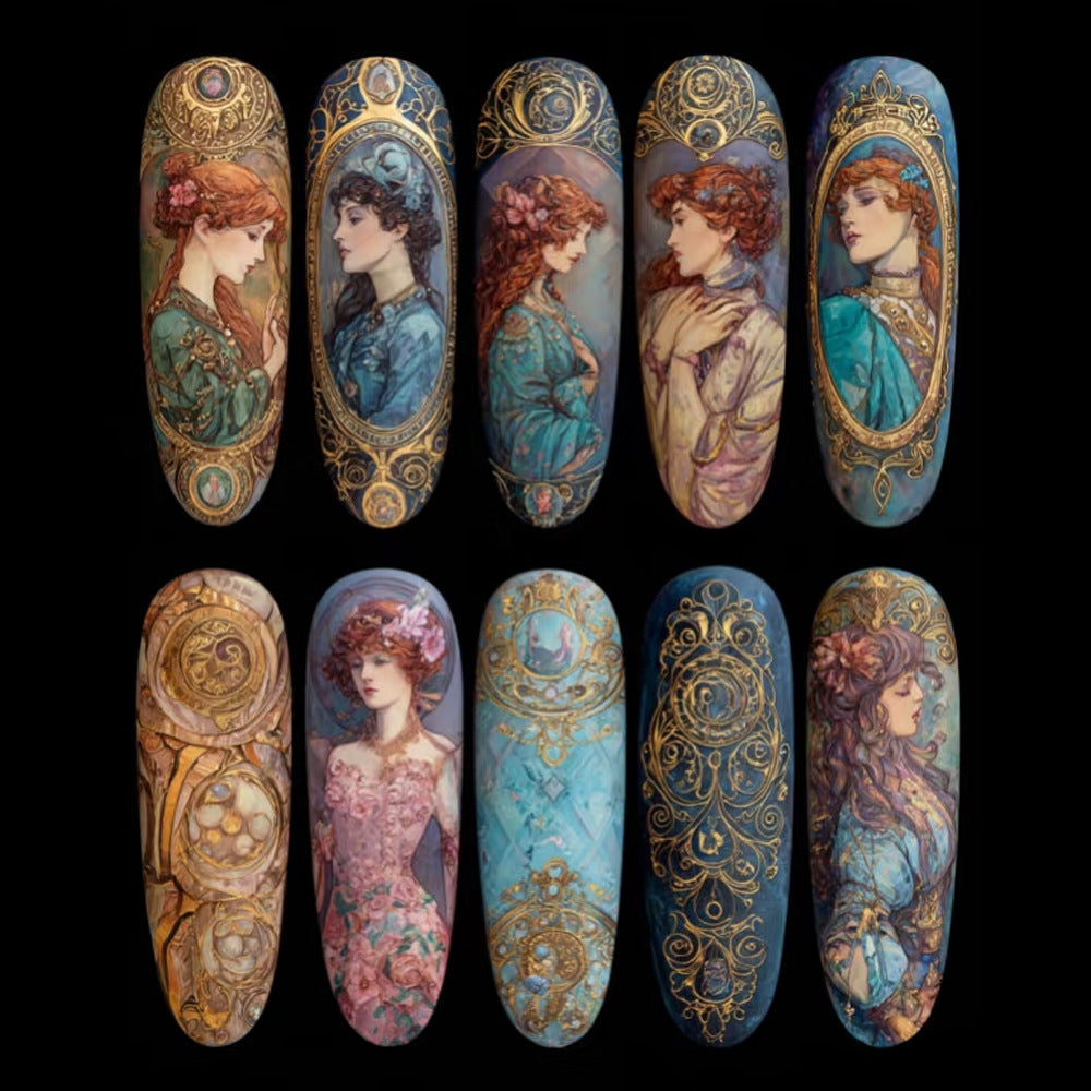 Art Nouveau Elegance Long Oval Blue and Gold Press on Nail Set with Intricate Vintage Portraits