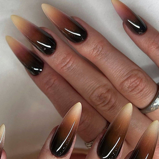 Mystical Ombre Long Almond Brown Gradient Press On Nail Set with Glossy Finish