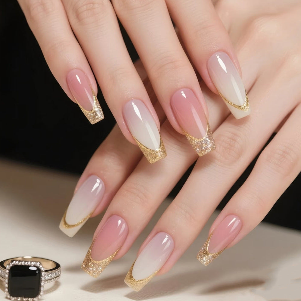 Glamorous Elegance Long Coffin Pink and White Ombre Press On Nail Set with Gold Glitter Tips
