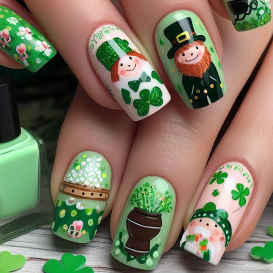 Lucky Charm Green Medium Square Nail Set with Whimsical Leprechaun Designs