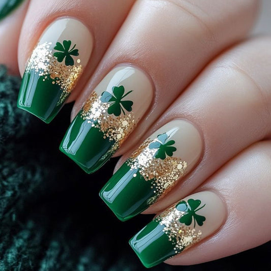 Lucky Charm Square Long Green and Gold Glitter Ombre Nail Set with Shamrock Detail
