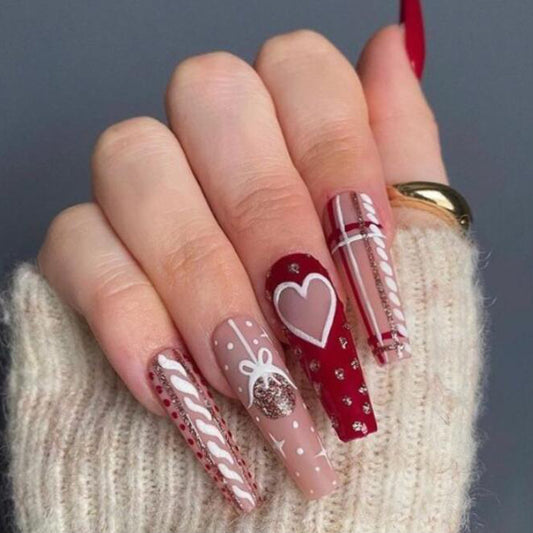 Love Story Long Coffin Press On Nail Set Red and Beige with Glitter and Heart Designs