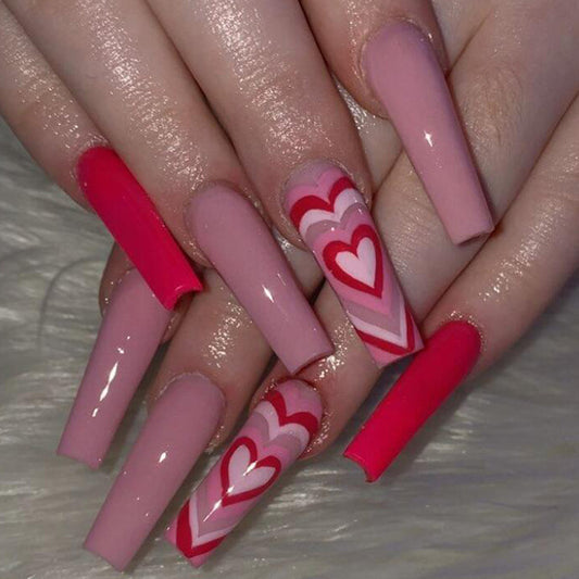 Romantic Heart Theme Long Square Pink Press On Nail Set with Eye-Catching Heart Design