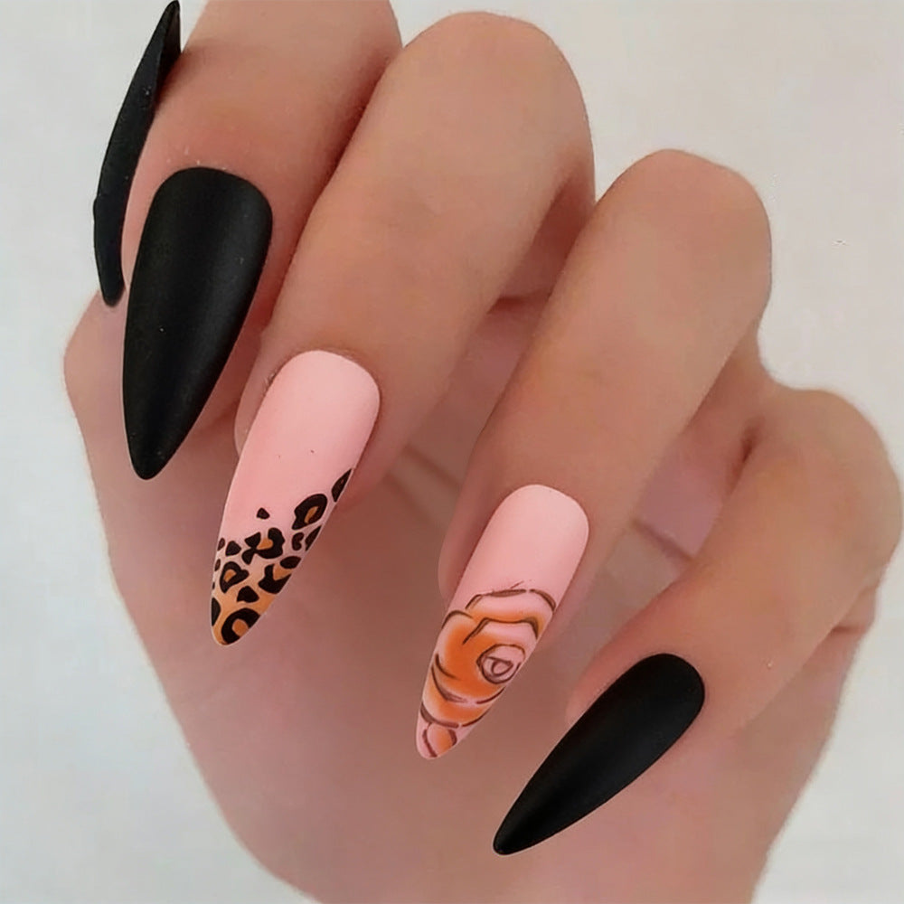 Wild Elegance Long Stiletto Matte Black and Soft Pink Press-On Nail Set with Unique Floral and Animal Print Designs