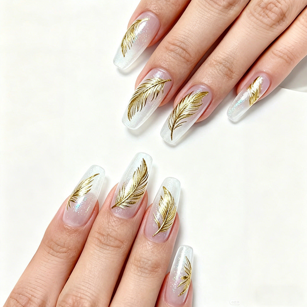 Elegant Feather Dream Long Coffin White with Gold Leaf Accents Press-On Nail Set