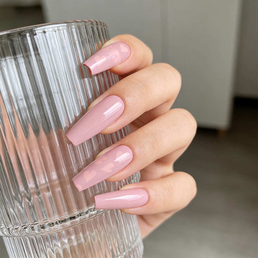 Romantic Dream Pink Long Coffin Press On Nail Set with Heart Patterns