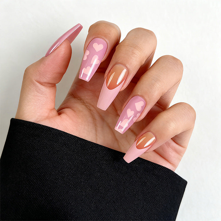 Love in Bloom Long Coffin Pink Press On Nail Set with Charming Heart Details