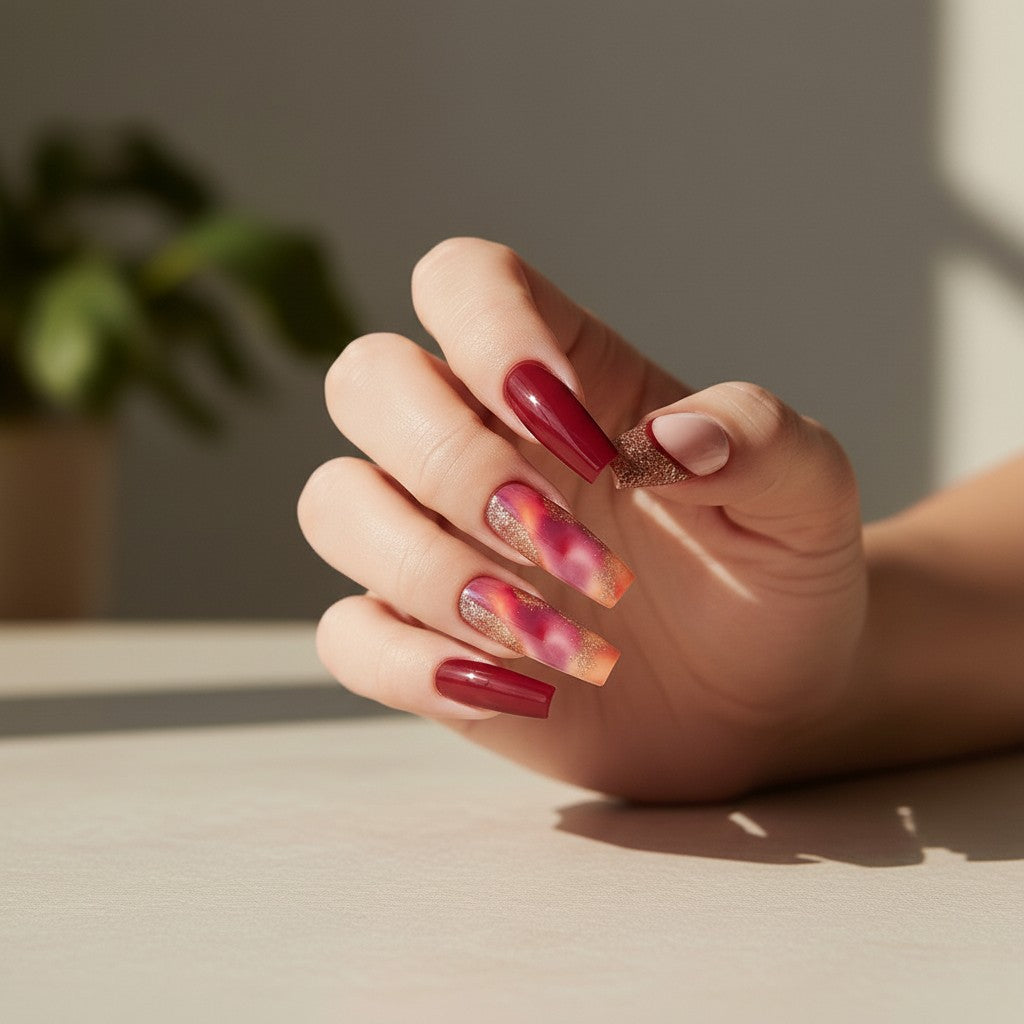Autumn Elegance Long Coffin Burgundy with Gradient Touch and Glitter Accents Press On Nail Set