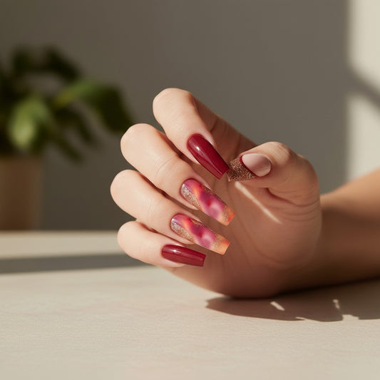 Autumn Elegance Long Coffin Burgundy with Gradient Touch and Glitter Accents Press On Nail Set