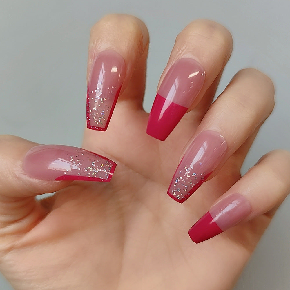 Charming Glamour Long Coffin Pink Press On Nail Set with Glitter Tip Design
