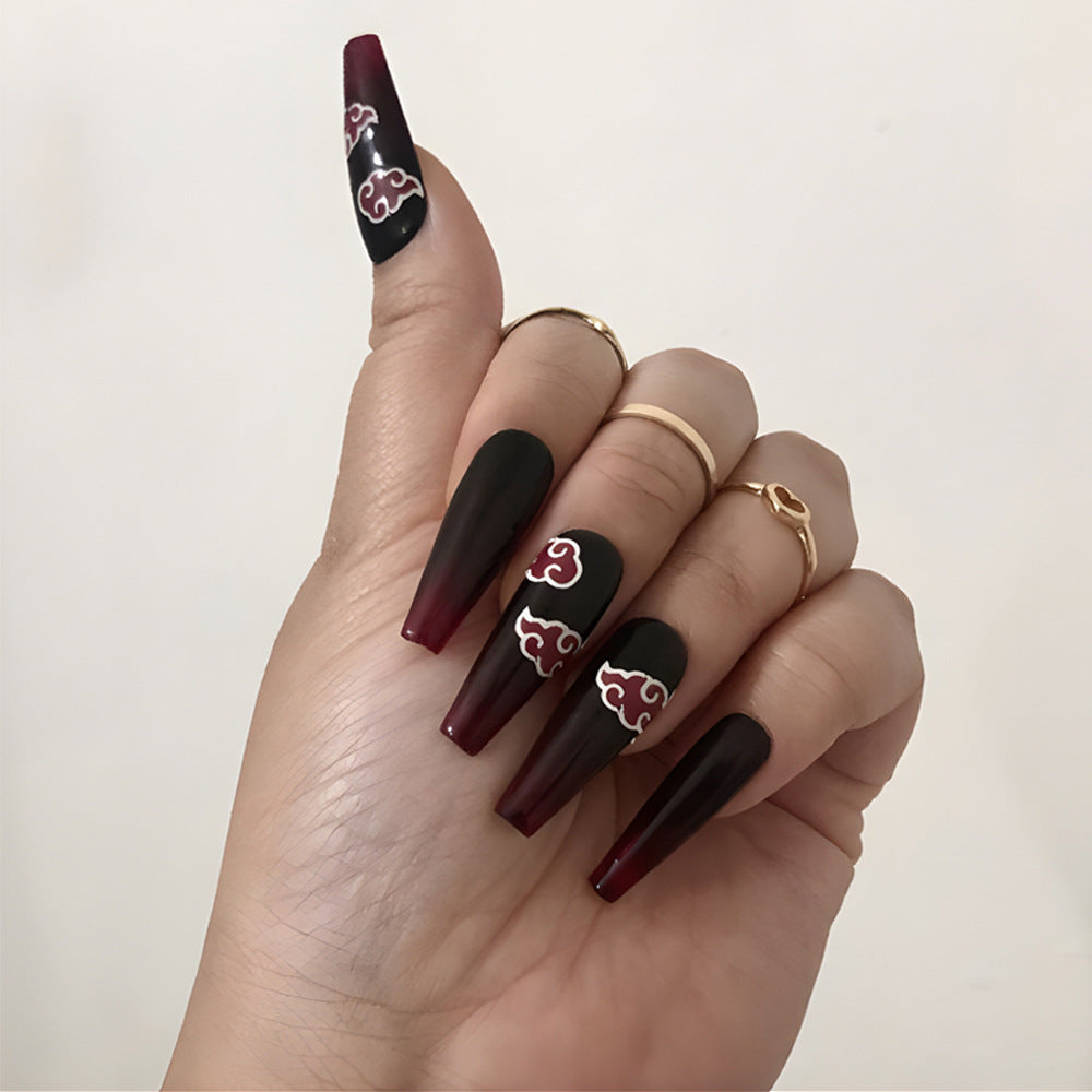 Mystical Romance Long Coffin Shaped Ombre Red And Black Press On Nail Set With Unique Cloud Design
