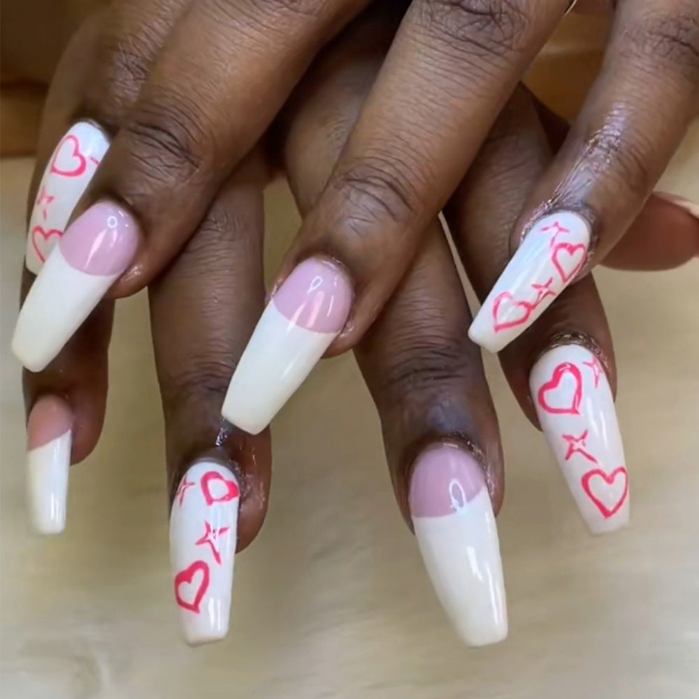 Love Blossom Extra Long Coffin Shaped White and Pink Press On Nail Set with Heart Designs