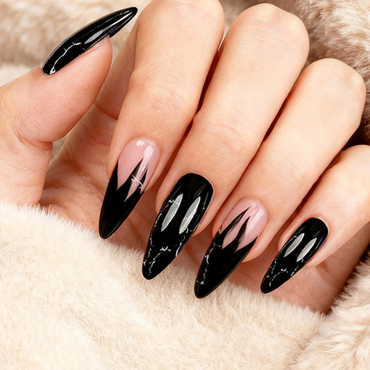 Mystical Elegance Long Almond Black and Pink Marble Design Press On Nail Set