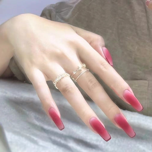 Enchanted Elegance Long Coffin Ombre Red with Stunning Gradient Finish Press On Nail Set