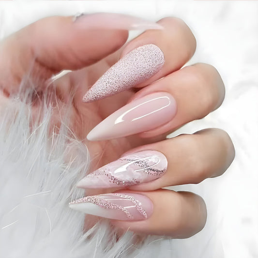 Glamorous Elegance Long Stiletto Pink Nails with Shimmering Glitter and Unique Marble Design
