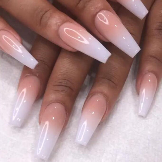 Dreamy Ombre Long Coffin Press On Nail Set in Pink and White with Glossy Finish