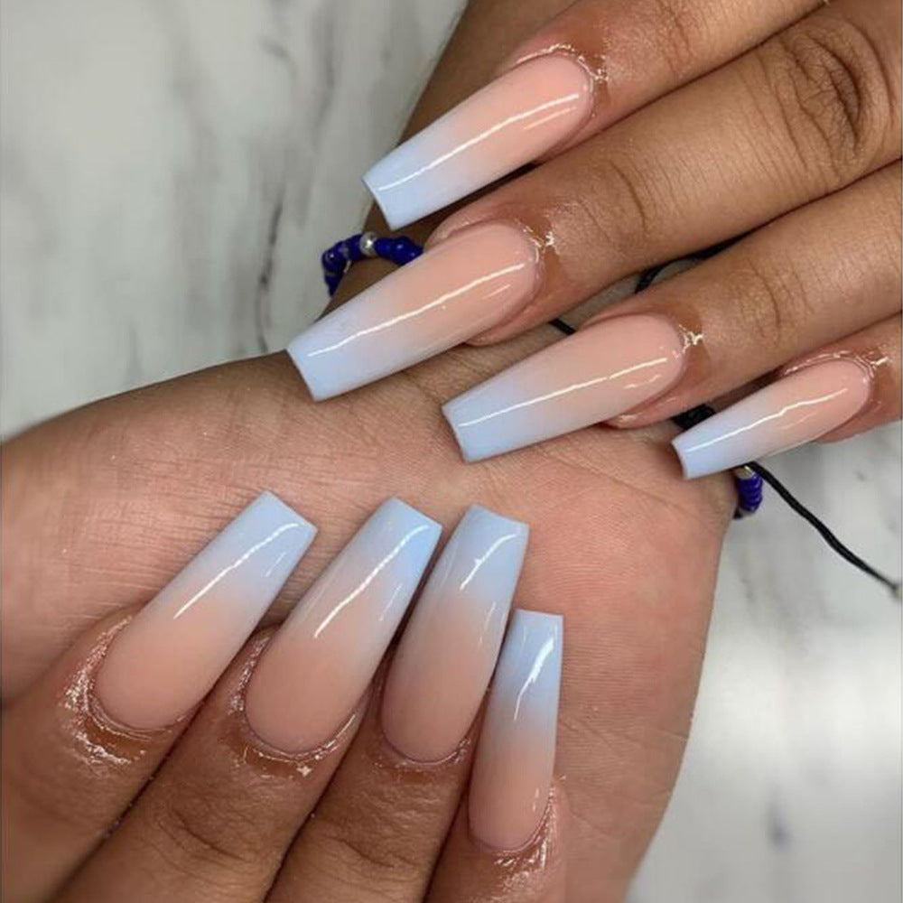 Elegant Sky Gradient Long Coffin Press On Nail Set with Ombre Effect in Soft Blue and Peach Tones