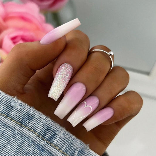 Charming Romance Long Coffin Pink Glitter Ombre Press On Nail Set with Heart Design