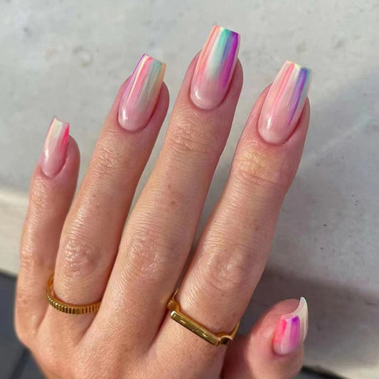 Rainbow Dream Press On Nails Medium Coffin Shape Pastel Gradient Finish