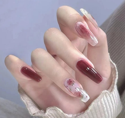 Enchanting Elegance Long Coffin Burgundy and Clear Nails with Floral Art Design
