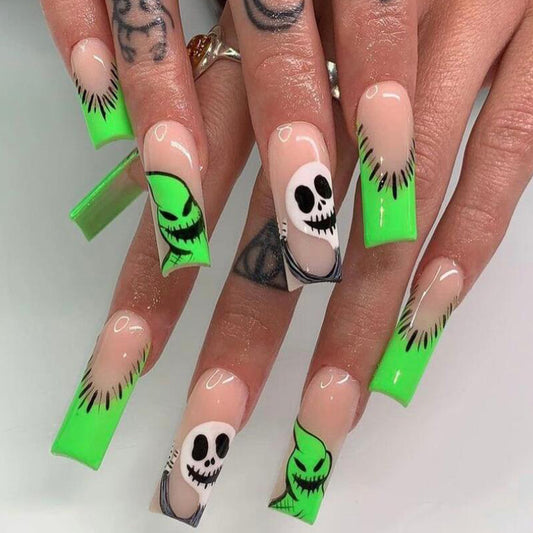 Spooky Alien Glow Long Square Neon Green Press On Nail Set With Unique Skull And Alien Designs
