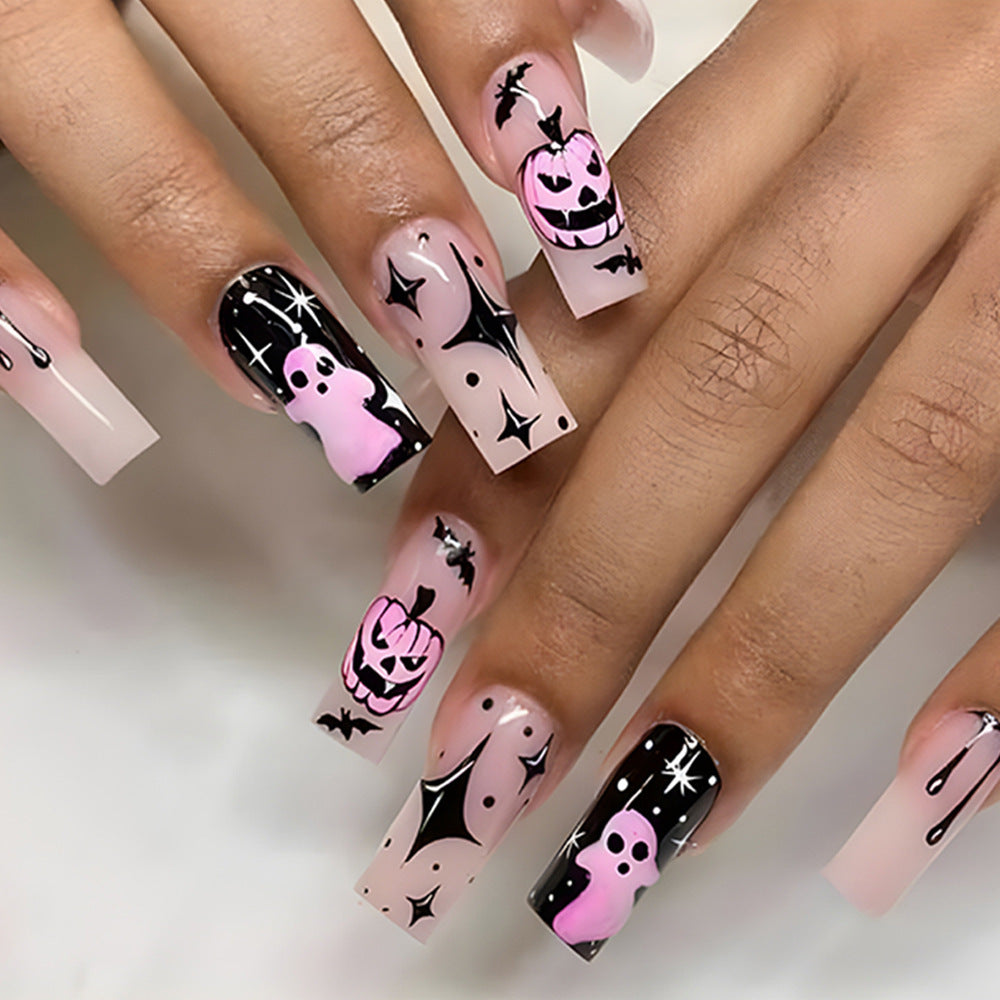 Haunted Halloween Vibe Extra Long Square Pink and Black Press On Nail Set with Spooky Ghosts and Pumpkins