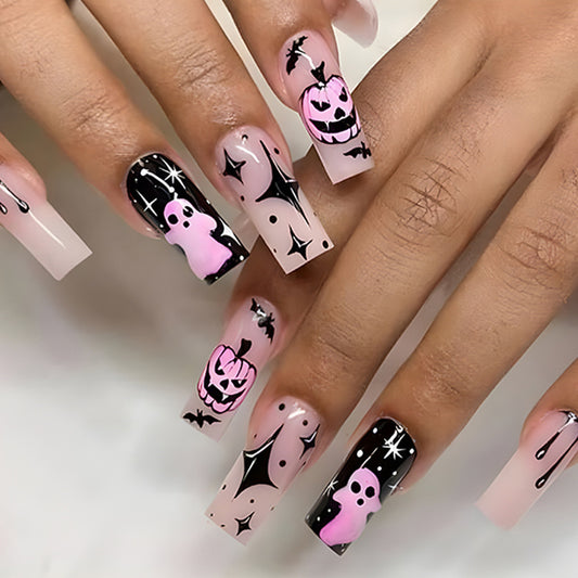 Haunted Halloween Vibe Extra Long Square Pink and Black Press On Nail Set with Spooky Ghosts and Pumpkins