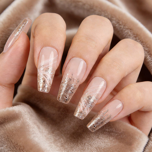 Glamorous Elegance Long Coffin Beige Nails with Shimmering Glitter Design