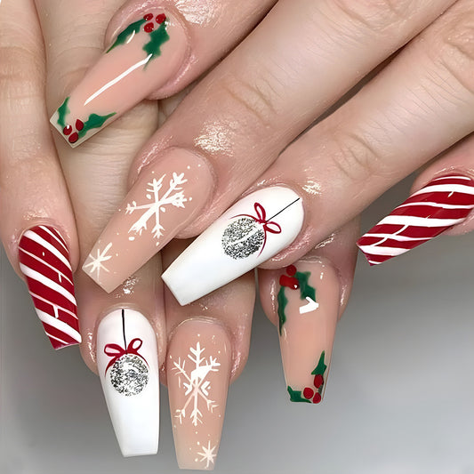Festive Winter Wonderland Long Coffin Red and White Holiday Press On Nail Set with Glitter Ornaments and Snowflake Designs