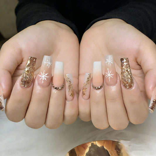 Winter Wonderland Long Square Beige and Gold Glitter Nail Set with Snowflake Accents