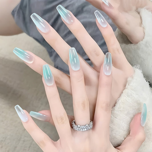 Ocean Breeze Ombre Long Coffin Press-On Nail Set in Aqua and Crystal Clear with Glossy Finish