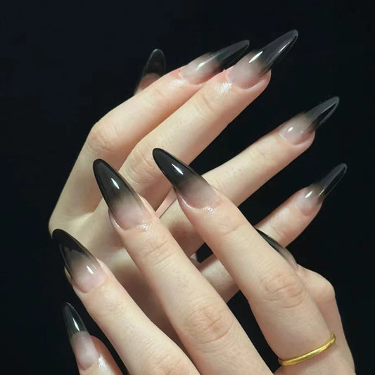 Mystical Ombré Stiletto Press On Nail Set Long Pointed Black to Clear Color Gradient with Artistic Finish