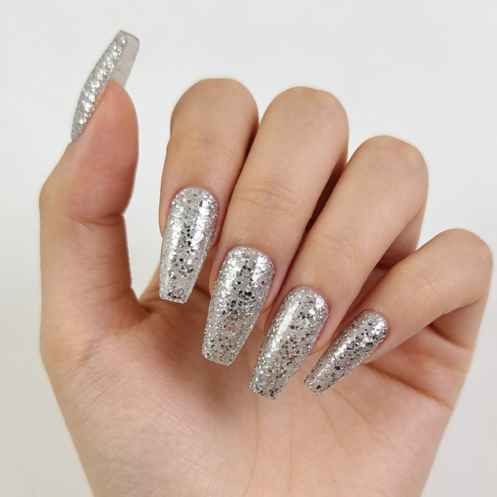 Celestial Glamour Long Coffin Silver Glitter Press On Nail Set with Radiant Sparkle Feature