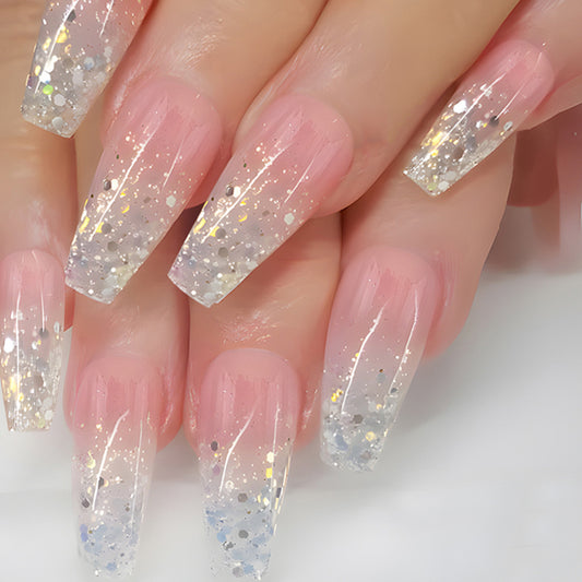 Glamorous Dreamy Long Coffin Acrylic Nail Set in Iridescent Ombre with Sparkling Glitter Feature