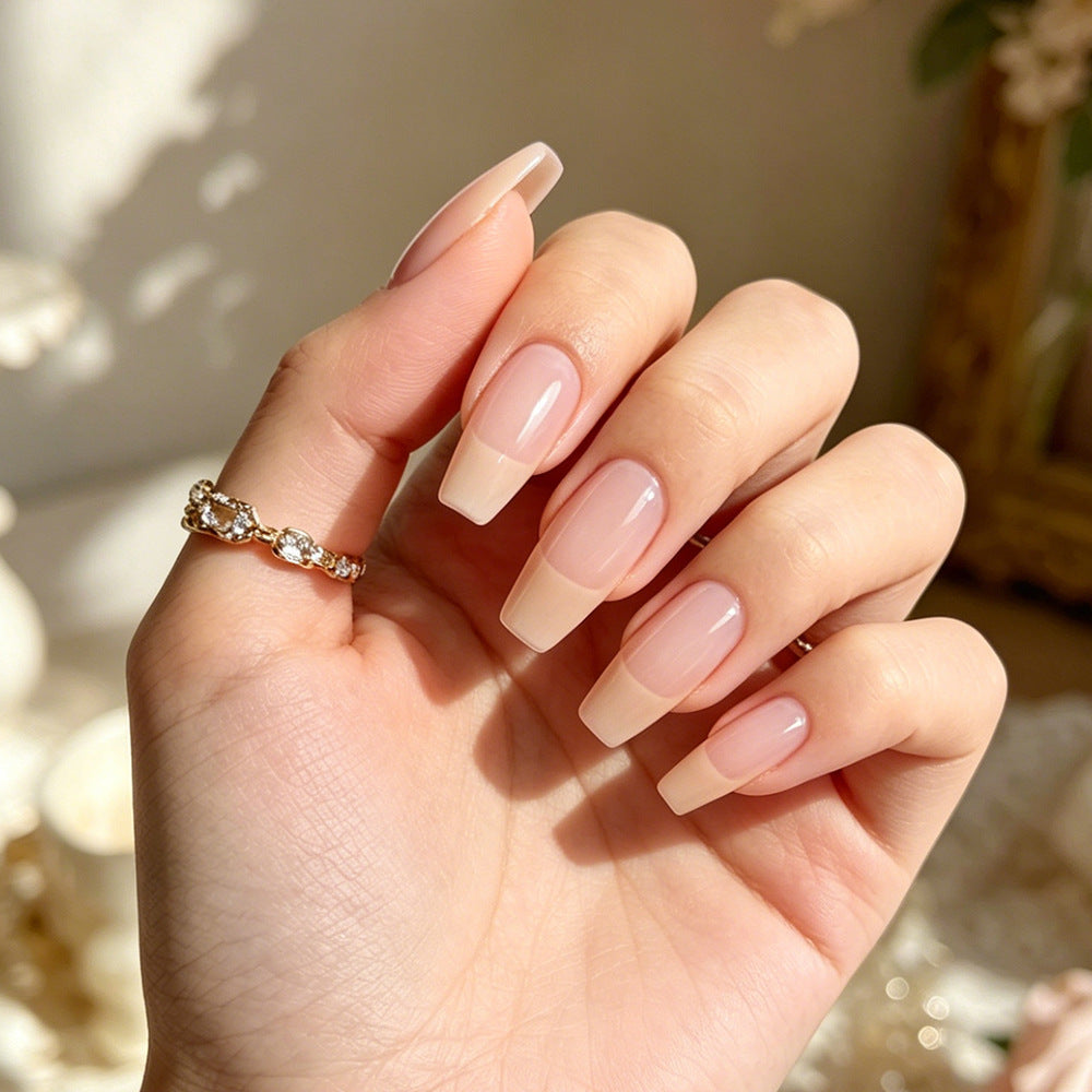 Elegant French Dream Long Coffin Blush Ombre Press-On Nail Set with Glossy Finish