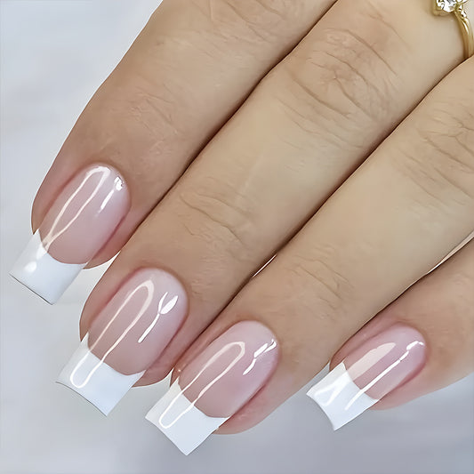 Elegant Bridal Collection Long Square French Tip Press On Nails in Pink and White with Glossy Finish