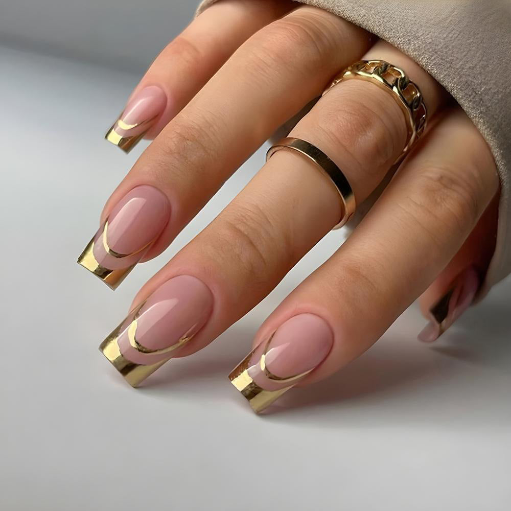 Luxury Golden Accent Extra Long Coffin Pink False Nail Set with Metallic Tips
