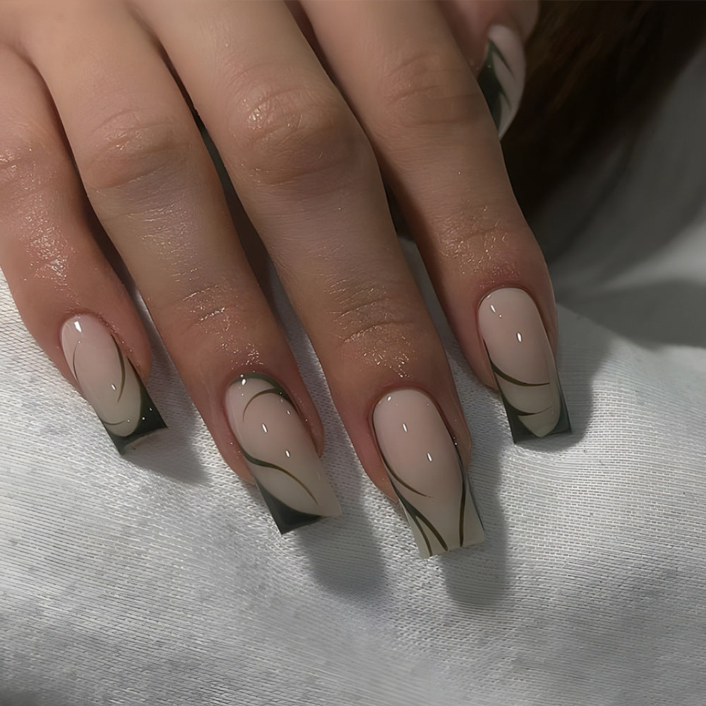 Elegant Affair Long Square Beige and Black Swirl Press On Nail Set with Gloss Finish