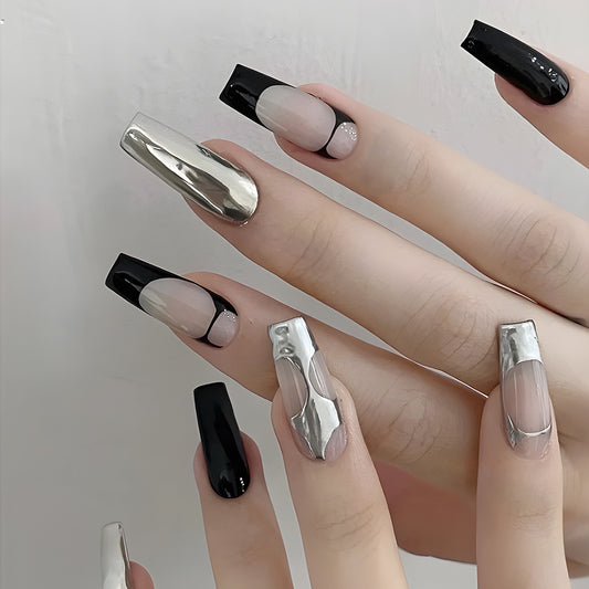 Futuristic Chrome Elegance Long Coffin Black and Silver Press On Nail Set with Metallic Accents and Rhinestone Detail