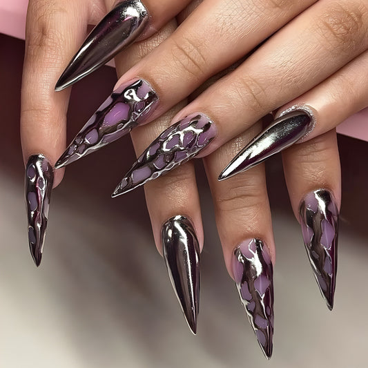 Glamorous Safari Long Stiletto Press On Nail Set in Dark Purple and Silver with Unique Animal Print Design