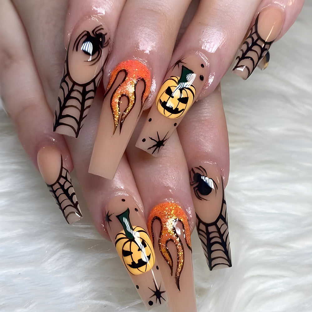 Spooky Halloween Press On Nail Set Long Coffin Shape Beige Orange with Glitter and Pumpkin Design