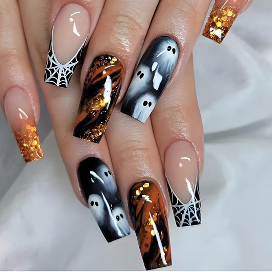 Spooky Halloween Long Coffin Orange Black and Gray Ghost and Glitter Press On Nail Set