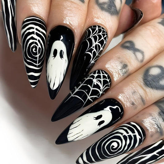 Spooky Haunted Halloween Long Stiletto Black and White Ghostly Nail Art Set with Spiderweb Design
