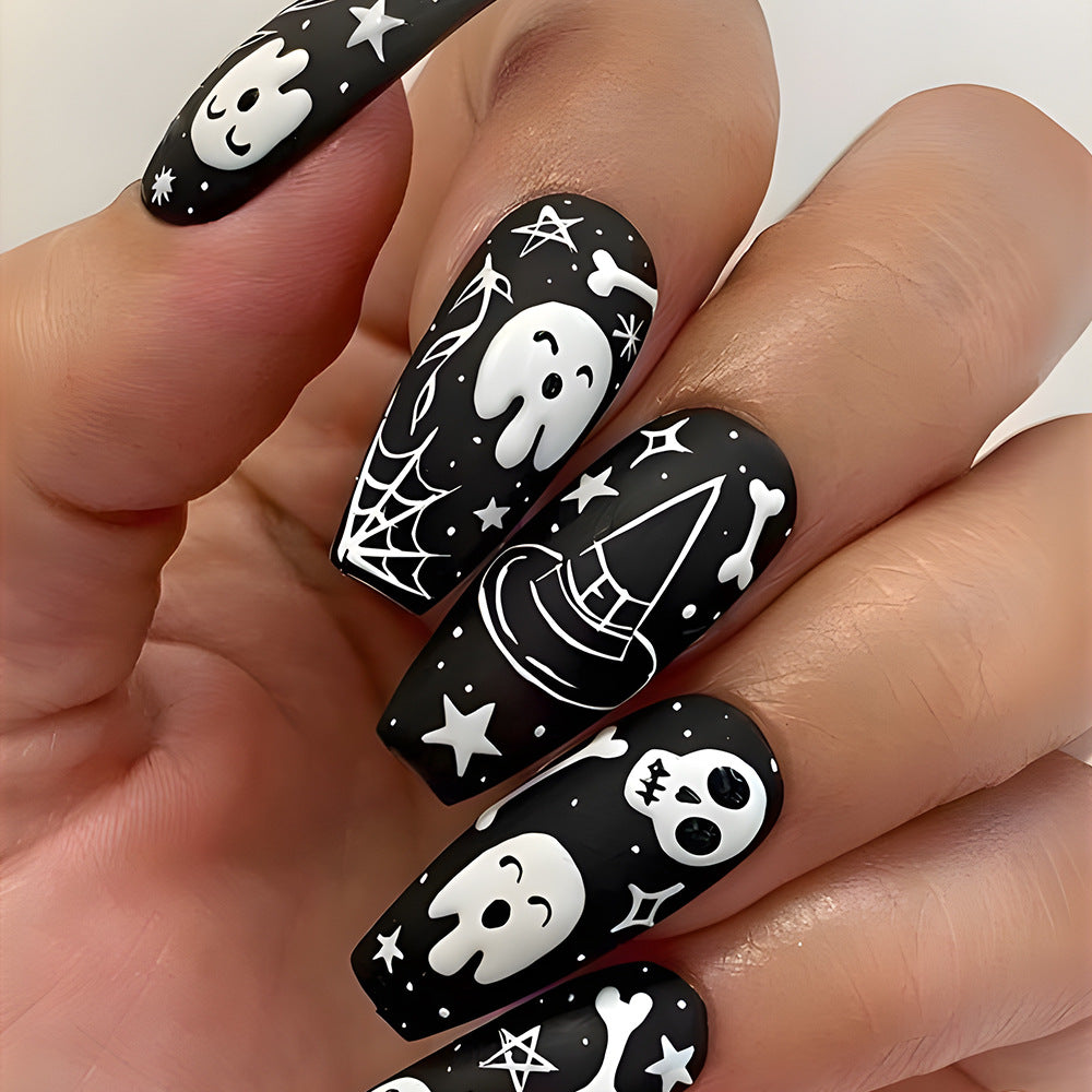 Spooky Elegance Black Long Coffin Shaped Press On Nail Set with Ghost and Skull Designs